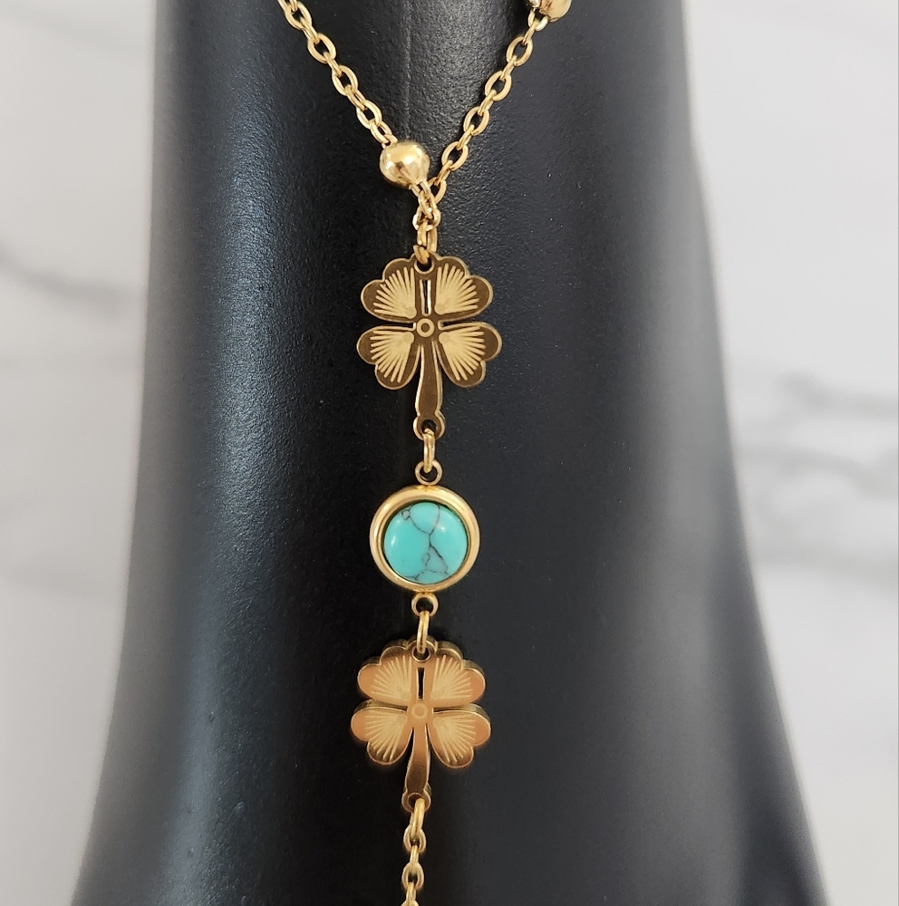 ​Y2K Gold Double Layer Foot Anklet Turquoise Clover Barefoot Chain Sandal - Picture 5 of 12